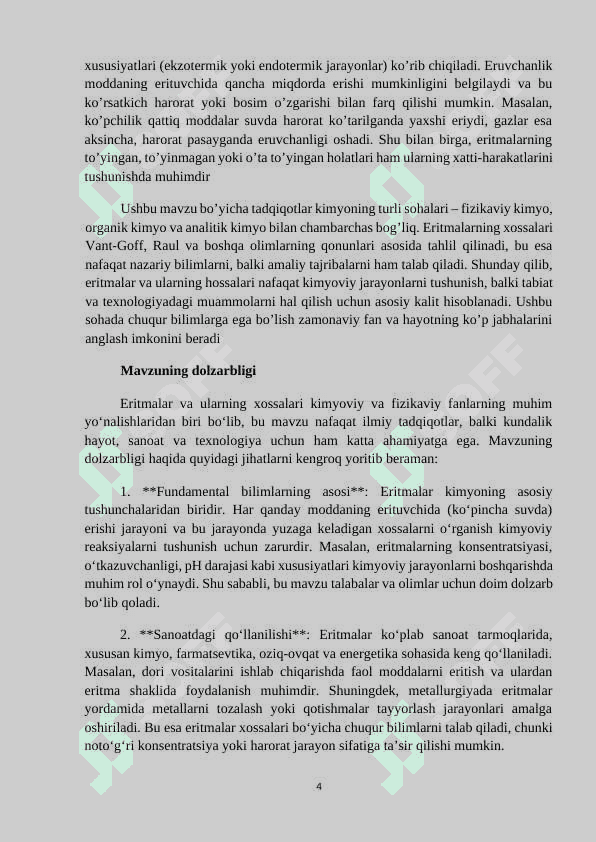 MAVZU: ERITMIALAR VA ULARNING HOSSLALARI. Referat 4
