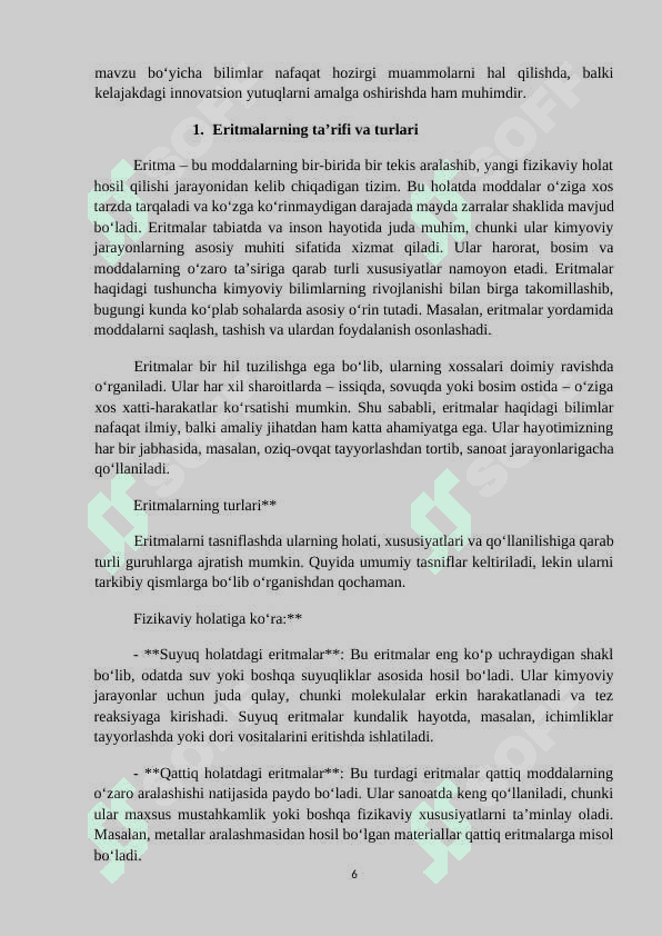 MAVZU: ERITMIALAR VA ULARNING HOSSLALARI. Referat 6