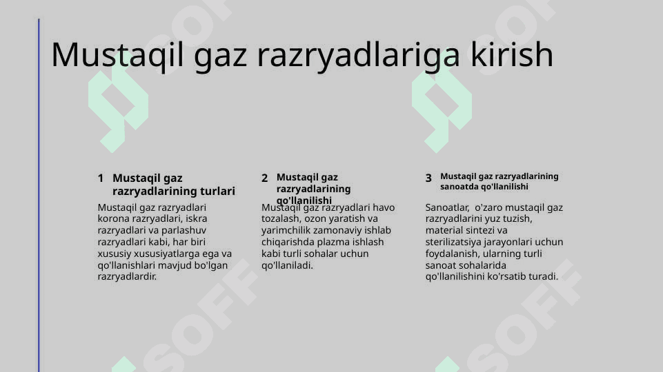 Mustaqil gaz razryadlarining turlari va ulaming qo'llanilishi. 3