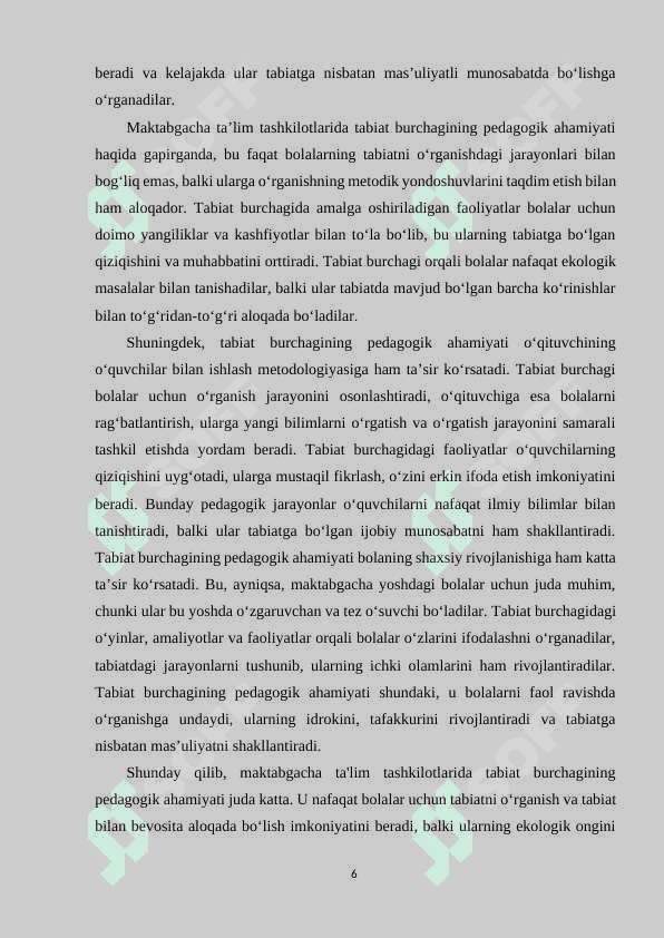 Mtt turli guruhlarda tabiat burchagini tashkil etishning integrallashuvi. 6