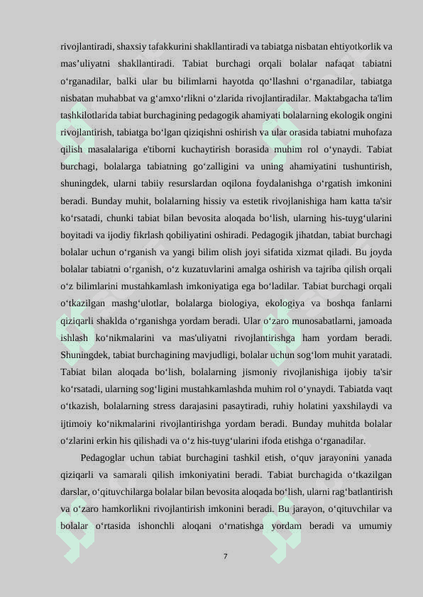 Mtt turli guruhlarda tabiat burchagini tashkil etishning integrallashuvi. 7