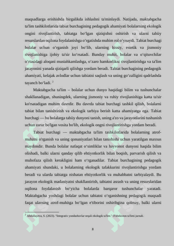 Mtt turli guruhlarda tabiat burchagini tashkil etishning integrallashuvi. 8
