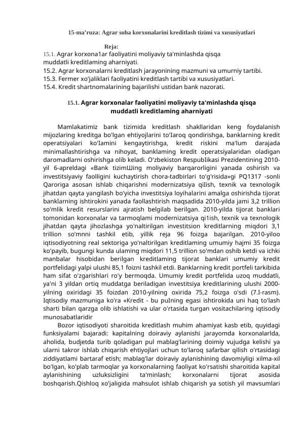Agrar soha korxonalarini kreditlash tizimi va xususiyatlari