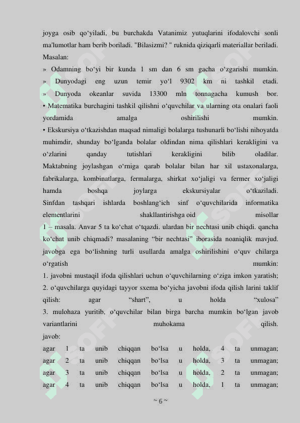MATEMATIKA FANLARIDAN  DARSDAN TASHQARI 6