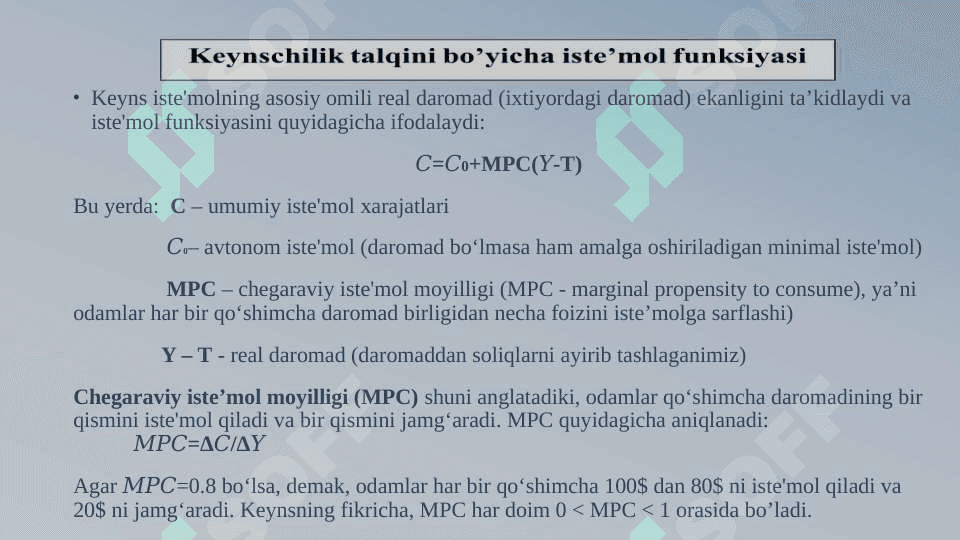 Keynsning makroiqtisodiy muvozanat modeli 7
