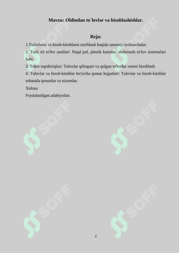 Oldindan to`lovlar va hisoblashishlar. 2