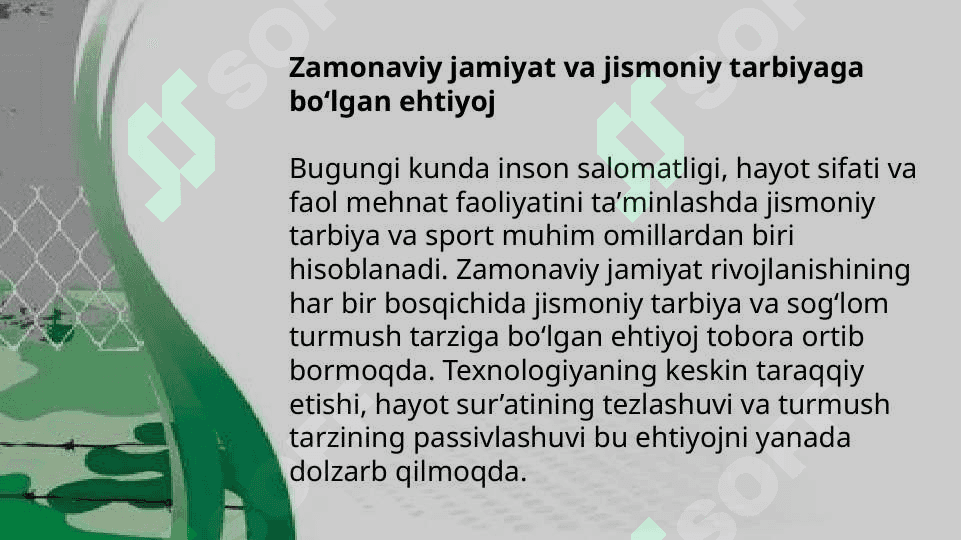Zamonaviy jamiyat va jismoniy tarbiyaga bolgan ehtiyoj 2