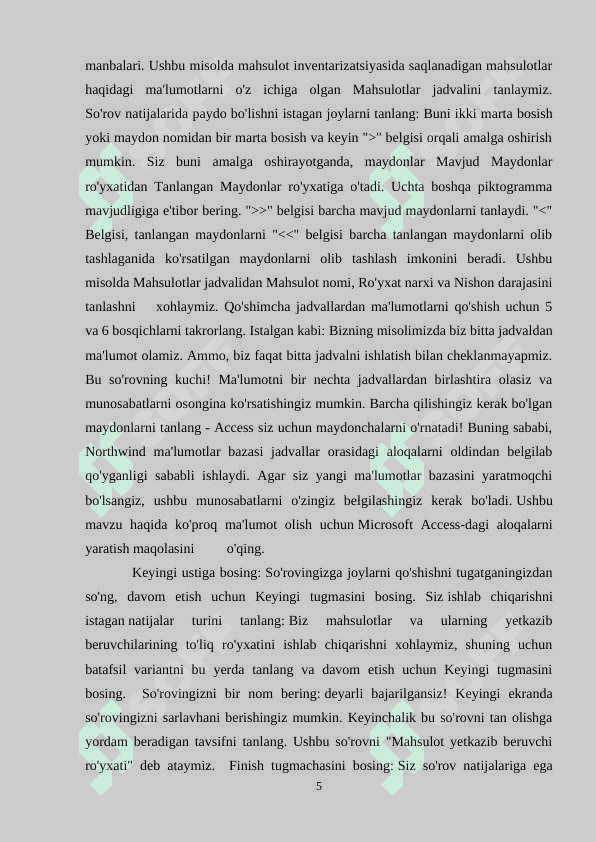 MS Access dasturida so'rovlarni tashkil etish 5