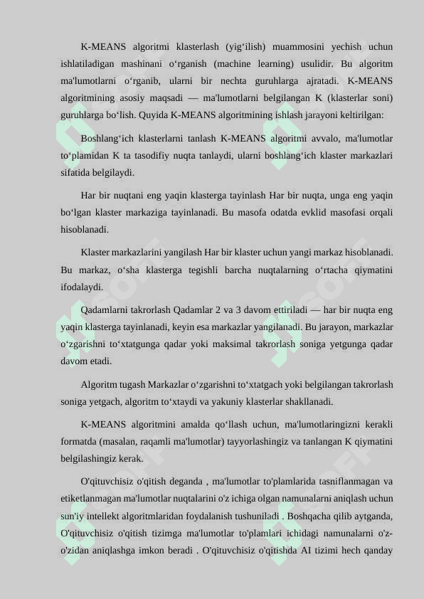 O‘QITUVCHISIZ O‘QITISH. KLASTERLASH MUAMMOSINI K-MEANS ALGORITMI ASOSIDA YECHISH. 2