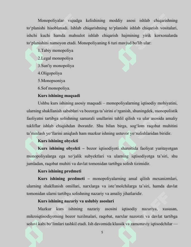 Monopoliyalar ularning amal qilish va tartibga solish xususiyatlari 5