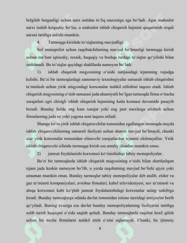 Monopoliyalar ularning amal qilish va tartibga solish xususiyatlari 8