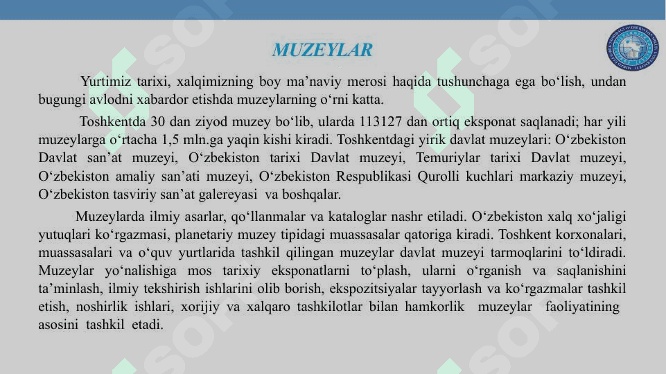 MUZEYLAR – O‘TMISH VA KELAJAK ORASIDAGI KO‘PRIK. SOHAVIY TERMINLAR VA ULARNING QO‘LLANILISHI 2