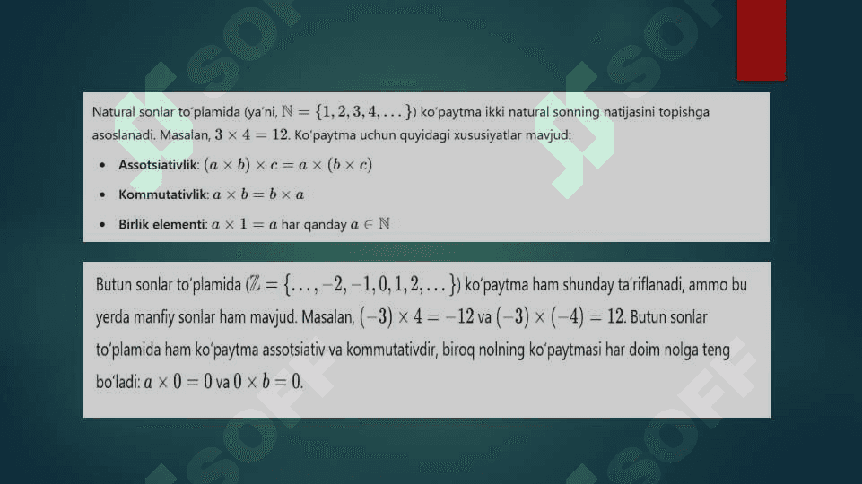 Ko’paytmaninig tarifi uning mavjudligi va yagonaligi 4