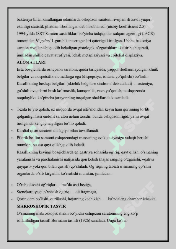 OSHQOZON SARATONI — SABABLARI, ALOMATLARI, TASNIFI, TASHXISLASH, DAVOLASH 3