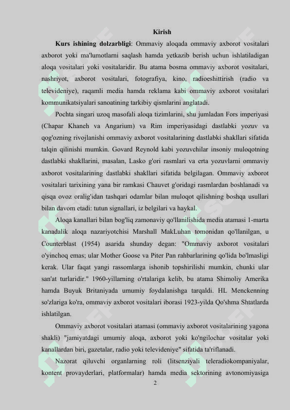 O'zbekiston Respublikasida ommaviy axborot vositalarining faoliyati (o’zgarish va muammolar) 2