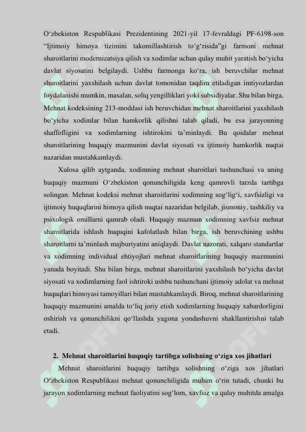 Xodimning mehnat sharoitlari bilan bog‘liq mehnatni huquqiy jihatdan tartibga solishning o‘ziga xos xususiyatlari 6