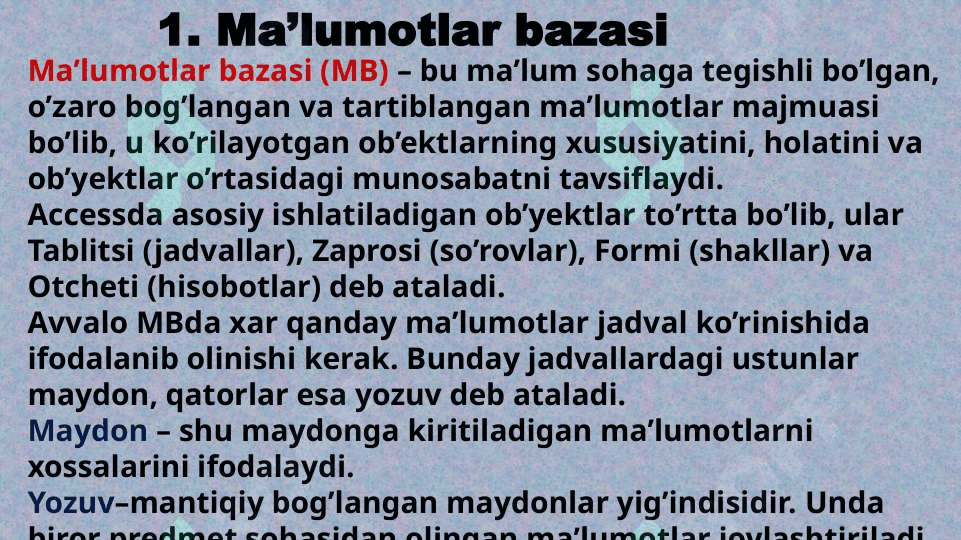 MS Access 2010 dasturida ma’lumotlar bazasini yaratish. Jadvallar ustida amallar. MS Access 2010ning forma ob’yekti bilan ishlash. 3
