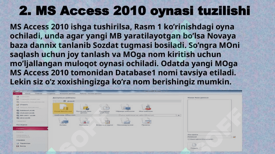 MS Access 2010 dasturida ma’lumotlar bazasini yaratish. Jadvallar ustida amallar. MS Access 2010ning forma ob’yekti bilan ishlash. 5