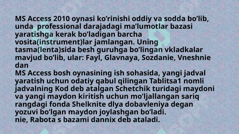 MS Access 2010 dasturida ma’lumotlar bazasini yaratish. Jadvallar ustida amallar. MS Access 2010ning forma ob’yekti bilan ishlash. 6