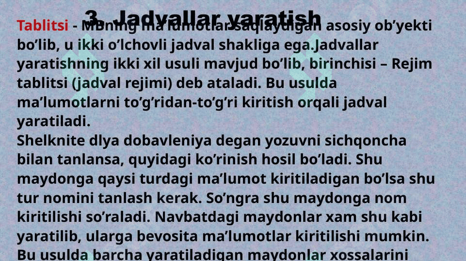 MS Access 2010 dasturida ma’lumotlar bazasini yaratish. Jadvallar ustida amallar. MS Access 2010ning forma ob’yekti bilan ishlash. 8