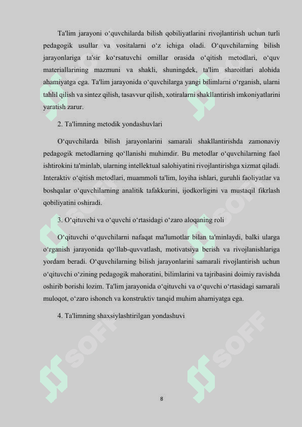 O’QUVCHILARDA  BILISH JARAYONLARI DIAGNOSTIKASI 8