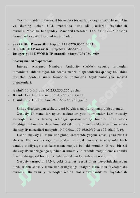 1. IP nima ? 2. IPv6 protokoli haqida 3. IPv6 protokoli, manzil turlari haqida "IP-manzil" atamasi internetdagi yoki mahalliy tarmoqdagi foydalanuvchilarni va ularning qurilmalarini aniqlaydigan noyob manzilni anglatadi. IP qisqartmasi "Internet Protocol" degan ma'noni anglatadi , bu ma'lumotlarning internet yoki mahalliy tarmoq orqali yuborilishi qoidalari to'plamidir. Asosan, IP 4