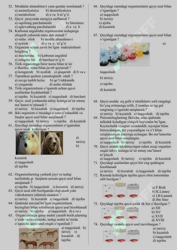 5 sinf biologiya fanidan to'lliq mavzulashtirilgan testlar 5