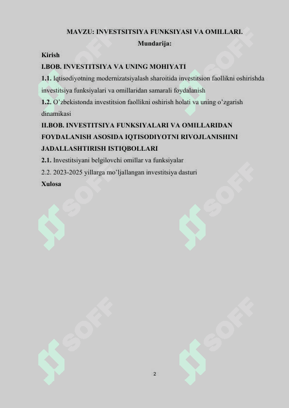 INVESTSITSIYA FUNKSIYASI VA OMILLARI. 2