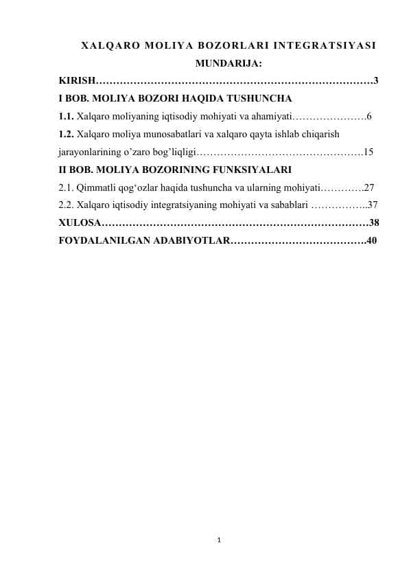 XALQARO MOLIYA BOZORLARI INTEGRATSIYASI