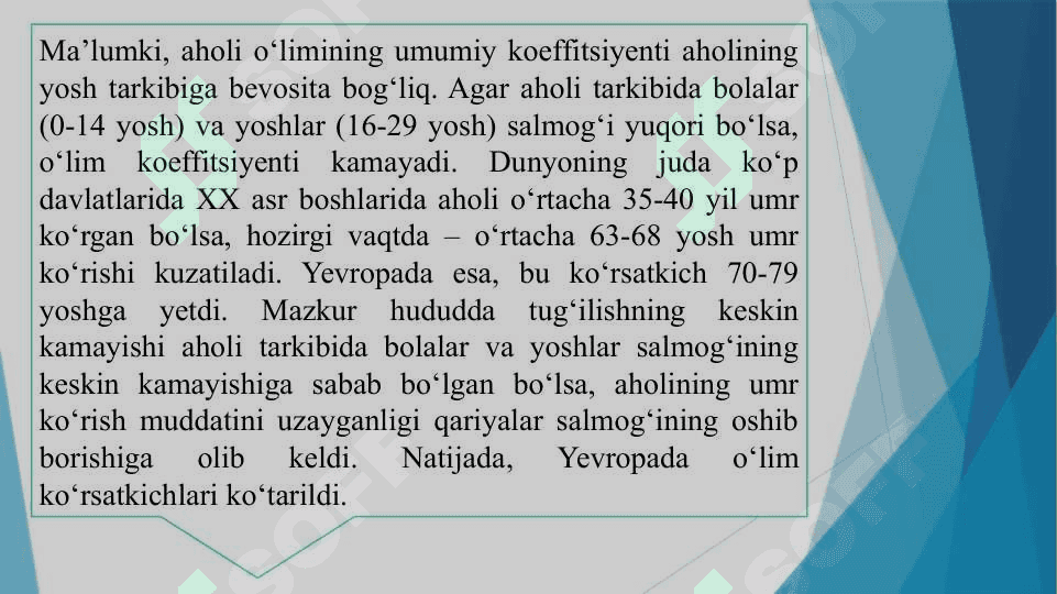 DUNYO MAMLAKATLARIDA AHOLI O‘LIMI VA UNING O‘RTACHA KO‘RSATKICHLARI 6