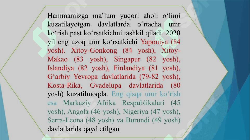 DUNYO MAMLAKATLARIDA AHOLI O‘LIMI VA UNING O‘RTACHA KO‘RSATKICHLARI 8