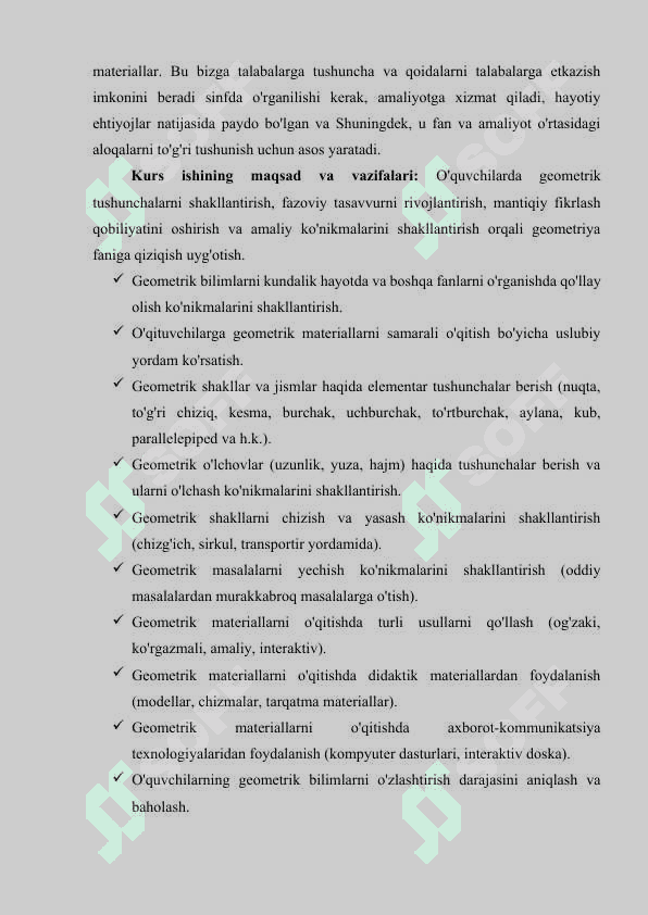 Mavzu: Geometrik materiallarni  o’rgatish metodikasi. Kurs ishi 6