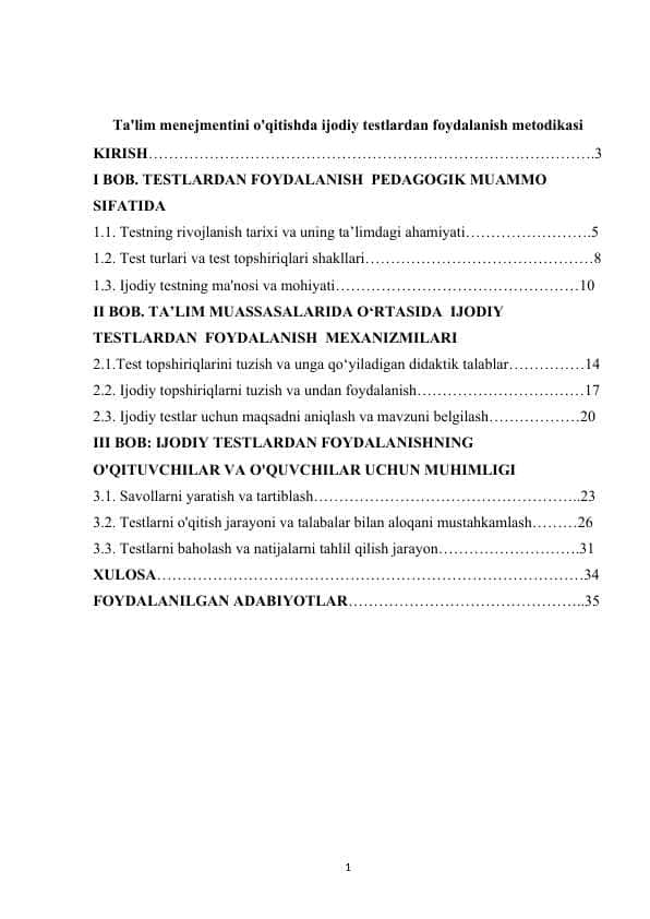 Ta'lim menejmentini o'qitishda ijodiy testlardan foydalanish metodikasi