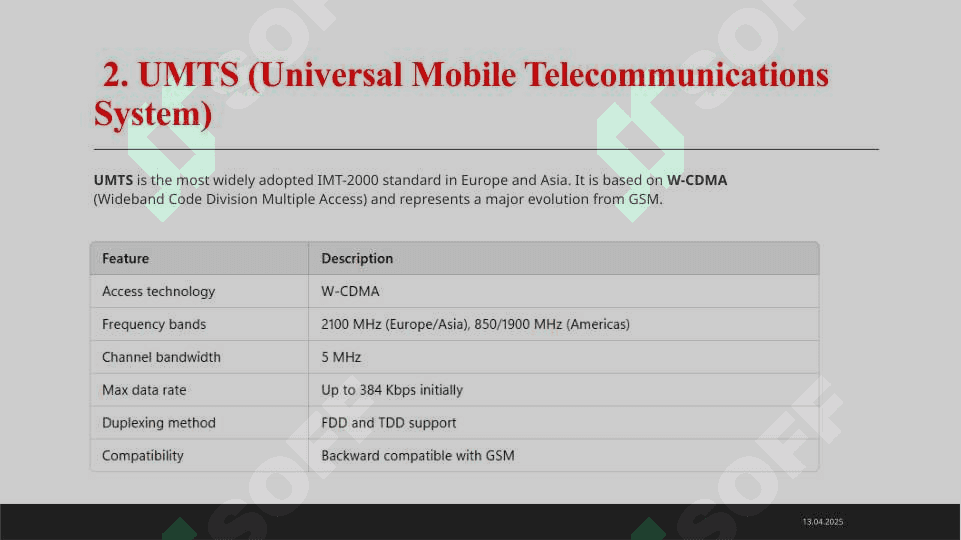 IMT-2000 family of standards. UMTS universal mobile telecommunication system. HSDPA and HSUPA technologies.  Plan: 1. IMT-2000 (International Mobile Telecommunications-2000) 2. UMTS (Universal Mobile Telecommunications System) 3. HSDPA (High-Speed Downlink Packet Access) 4. HSUPA (High-Speed Uplink Packet Access) Comparison Table: UMTS vs HSDPA vs HSUPA Summary 4