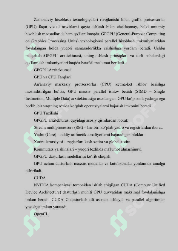 GPU va GPGPU arxitekturasi va o‘zaro ishlash prinsiplar 6