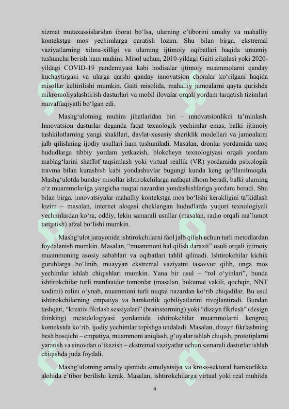Mavzu: “Ekstremal vaziyatlarda Ijtimoiy muomolarni hal qilish boʻyicha innovatsion dasturlar”. Kurs ishi 4