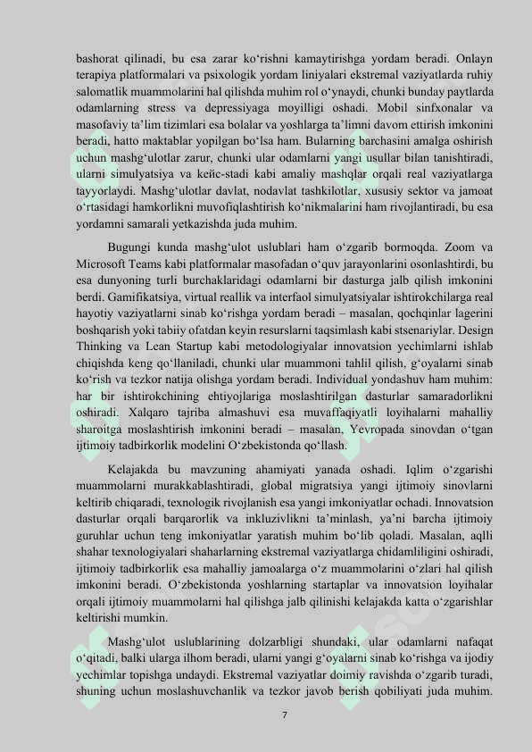Mavzu: “Ekstremal vaziyatlarda Ijtimoiy muomolarni hal qilish boʻyicha innovatsion dasturlar”. Kurs ishi 7