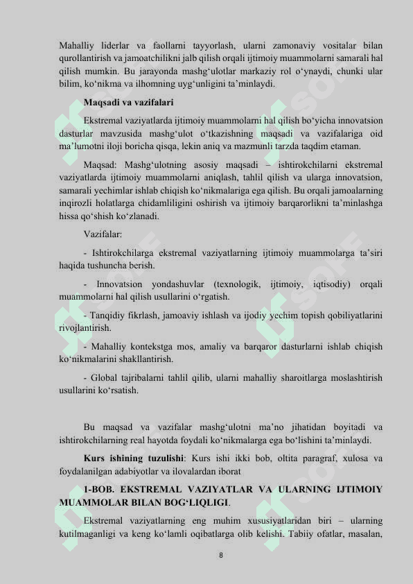 Mavzu: “Ekstremal vaziyatlarda Ijtimoiy muomolarni hal qilish boʻyicha innovatsion dasturlar”. Kurs ishi 8