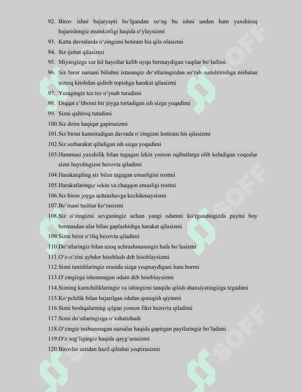 PSIXOLOGIK TEST SAVOLLARI  HA/YO’Q (120 ta) 4