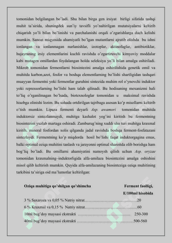 Fermentlarni mikrobiologik sintez yo’li bilan ajratib olish 5