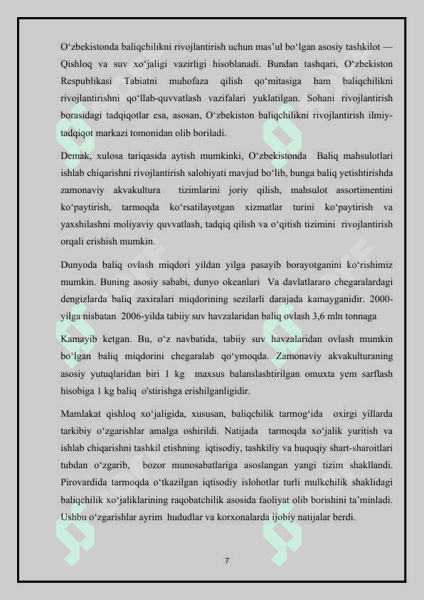 Baliqchilik,  uning iqtisodiy  ahamiyati. 7