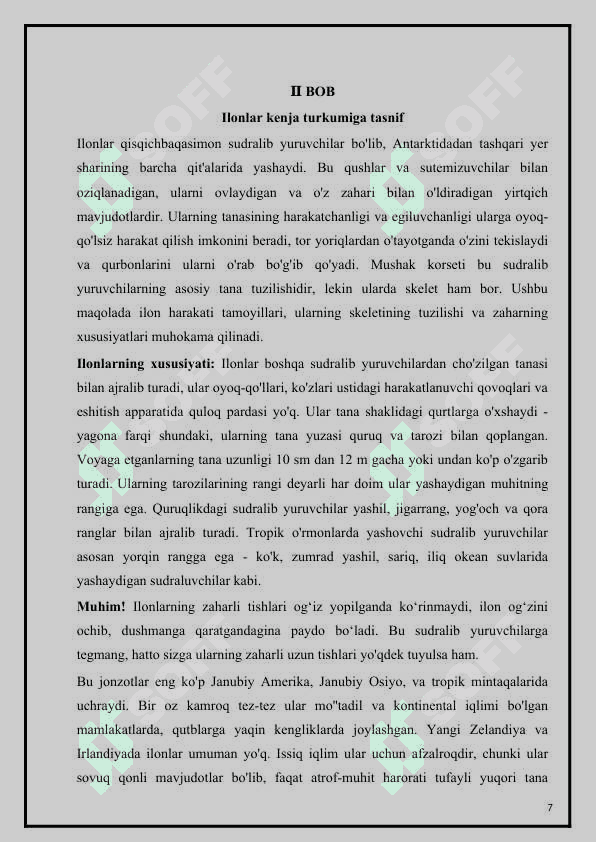 O’zbekistonning zaharli ilonlari, ularning tarqalishi va ahamiyati 7