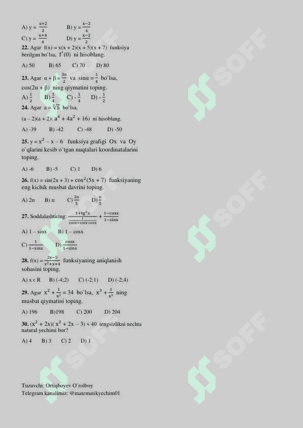 Matematikadan takrorlash testi 2