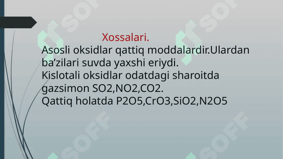 Noorganik birikmalarning asosiy sinflari  Oksidlar,Asoslar,Kislotalar va Tuzlar.Ularning xossalari 7