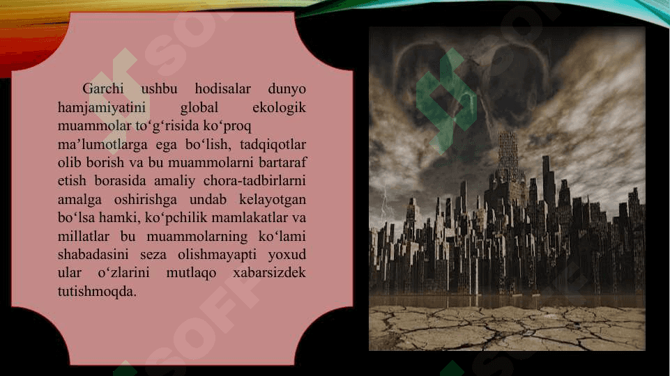 Zamonaviy turli miqyosidagi ekalogik muammolar 4