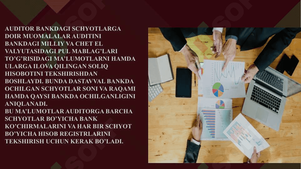 Bankdagi schyotlarga doir muomalalar auditi 2