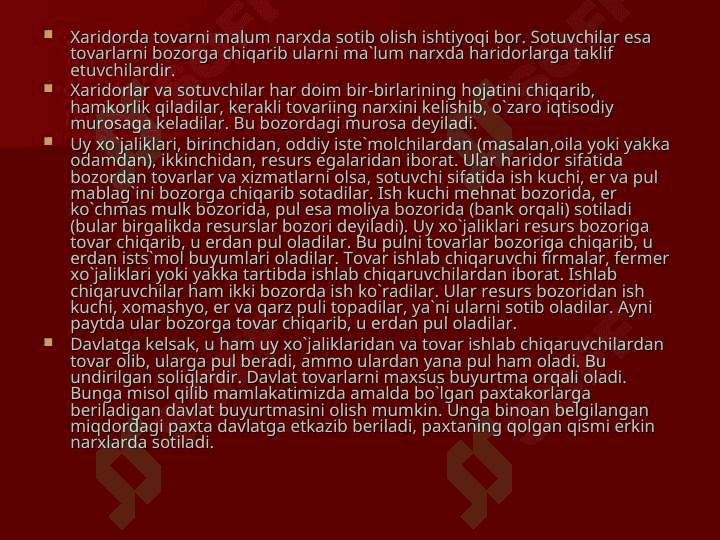 Bozor va uning turlari.Darsning maqsadi 5
