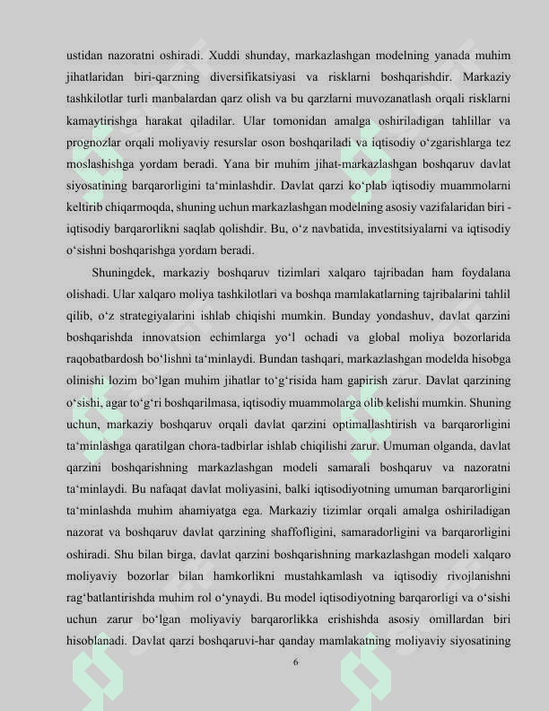Davlat qarzini boshqarishning markazlashgan modeli va uning o‘ziga xos xususiyatlari 6