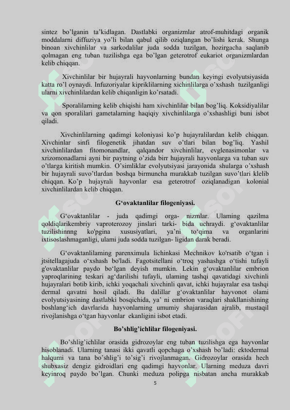 Hayvonot dunyosi evolutsiyasi 5