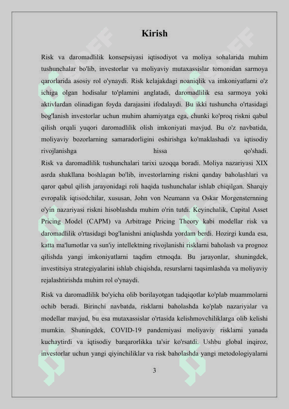 Risk va daromadlilik konsepsiyasi. 3